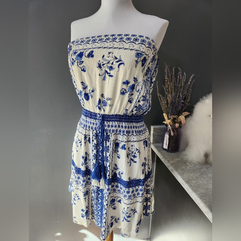 Xhilaration Blue Floral Strapless Dress Size S